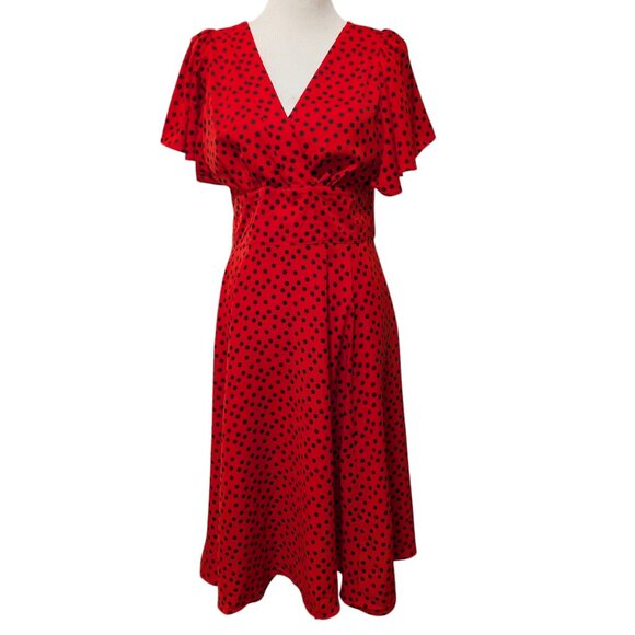 Unique Vintage Womens Size L/10-12 Red Black Polka Dot Bow Tie Midi Swing Dress - Picture 2 of 11